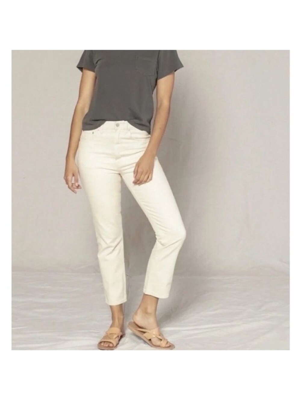 Outerknown SEA Dune High-Rise Slim Ankle Jeans Cream- Raw Hem Organic Cotton
